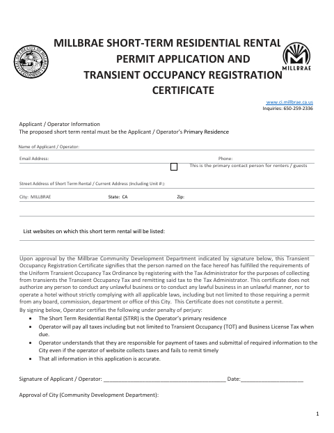 First page of the Short-Term Residential Rental Permit Application and Transient Occupancy Registration Certificate