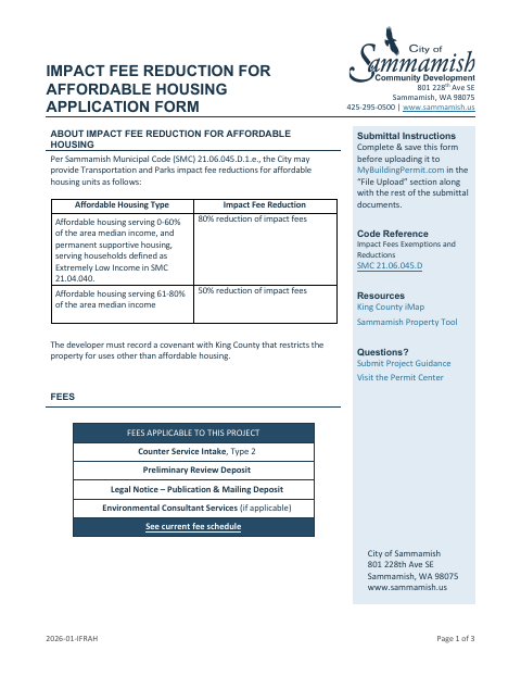 First page of the Impact Fee Reduction for Affordable Housing Application Form