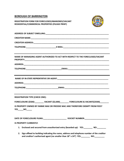 First page of the Foreclosed, Abandoned, or Vacant Property Registration Form
