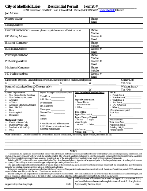 First page of the Residential Permit Application