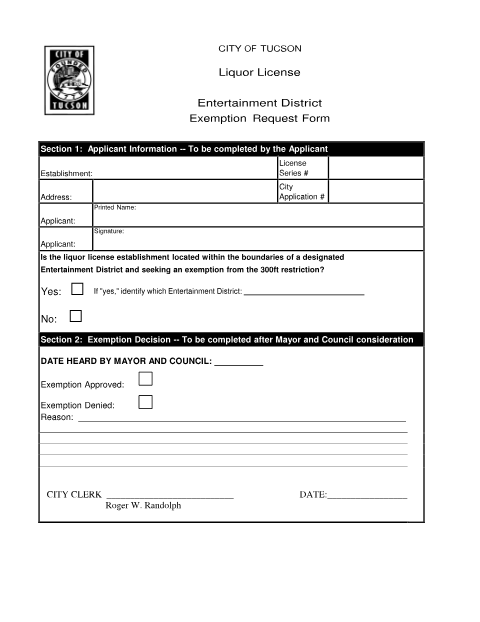 First page of the Liquor License Entertainment District Exemption Request Form