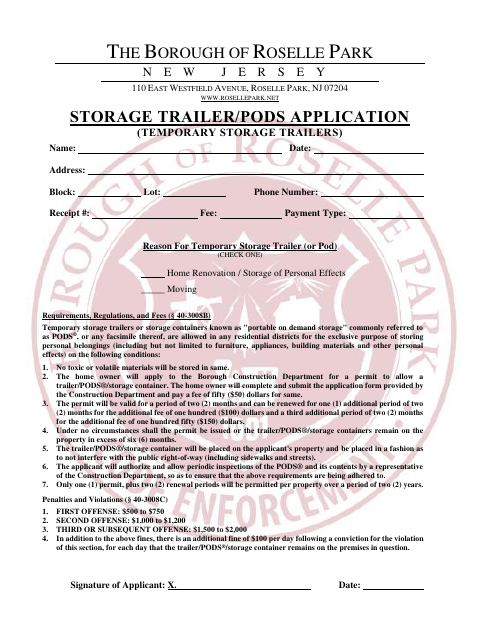 First page of the Storage Trailer/Pods Application