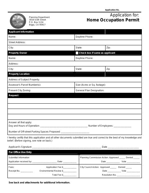 First page of the Home Occupation Permit Application