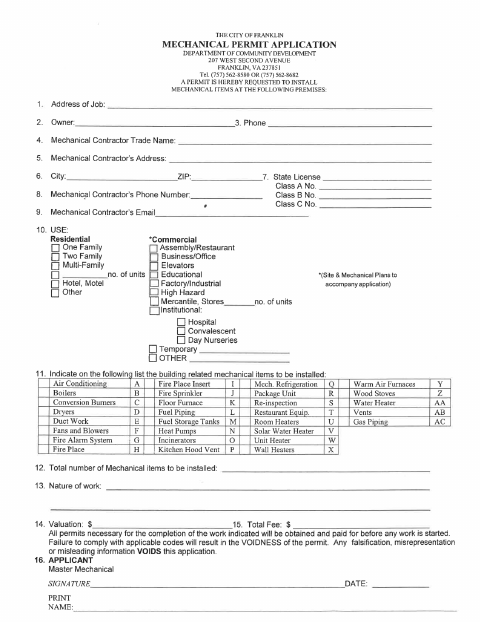 First page of the Mechanical Permit Application