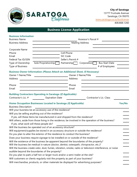 First page of the Business License Application