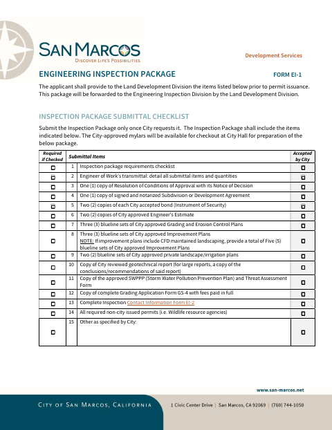 First page of the Engineering Inspection Package Form EI-1