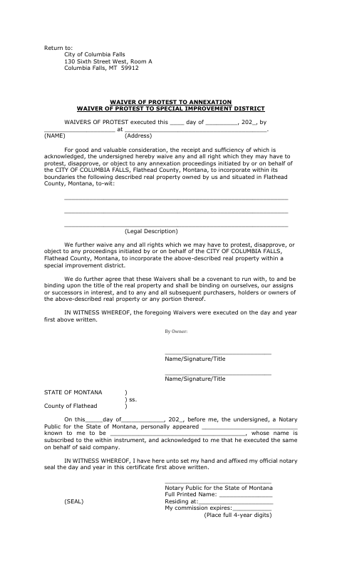 First page of the Annexation and Special Improvement Protest Waiver