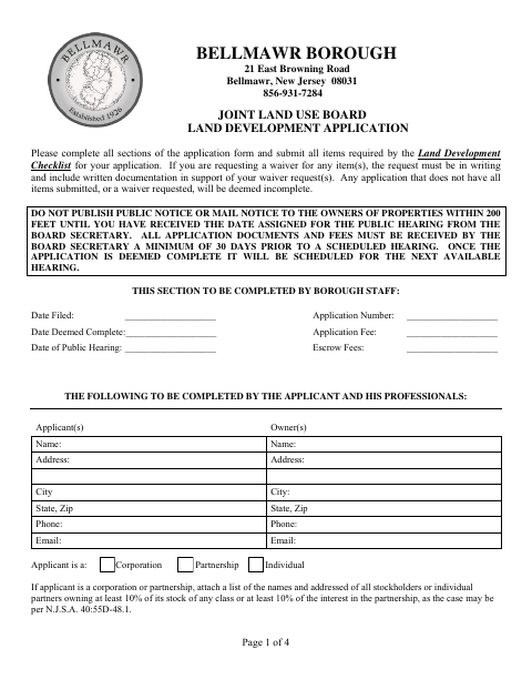 First page of the Joint Land Use Board Land Development Application