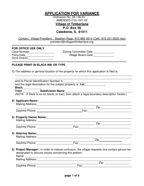 First page of the Application for Variance