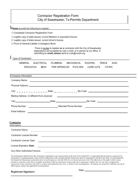 First page of the Contractor Registration Form