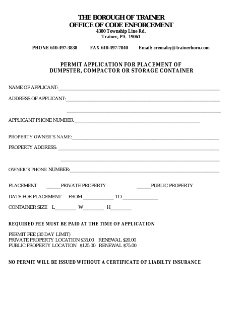 First page of the Permit Application for Placement of Dumpster, Compactor or Storage Container