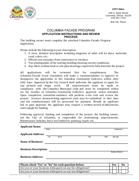 First page of the Facade Grant Program Application