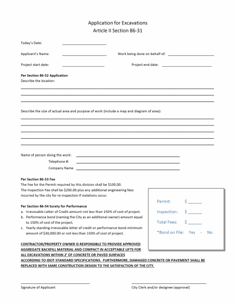 First page of the Application for Excavations