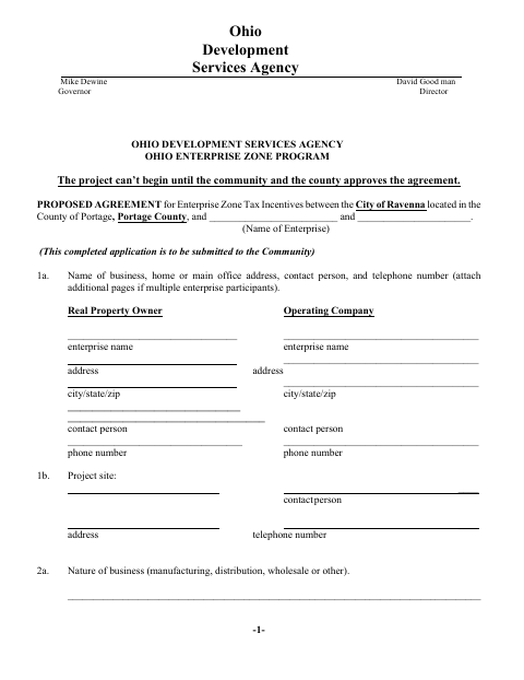 First page of the Enterprise Zone Application