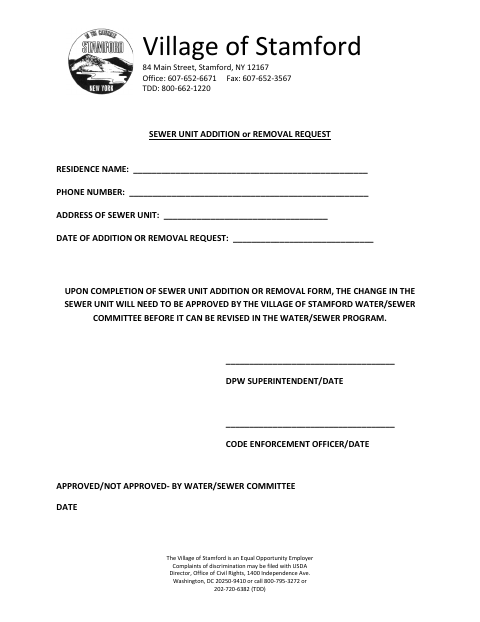 First page of the Sewer Unit Addition or Removal Request