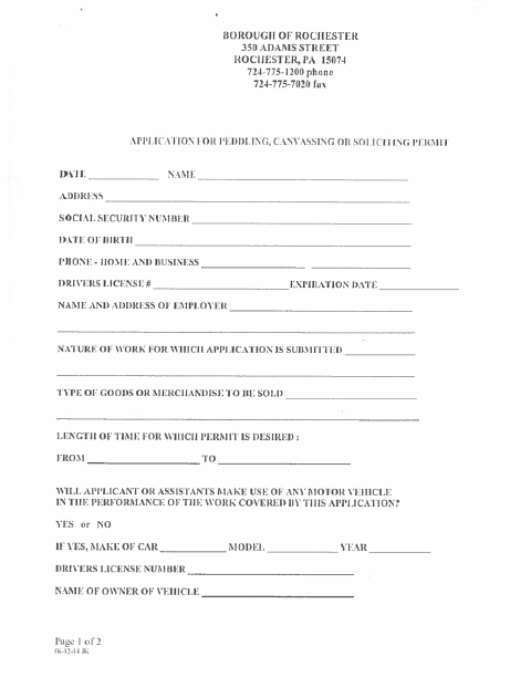 First page of the Application for Peddling, Canvassing or Soliciting Permit