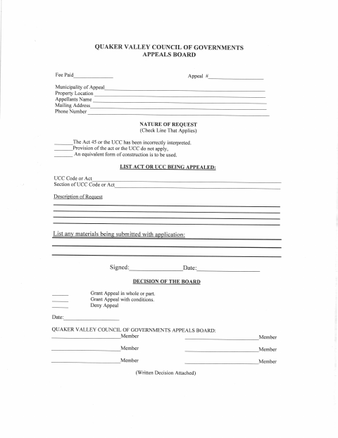 First page of the UCC Appeals Board Application