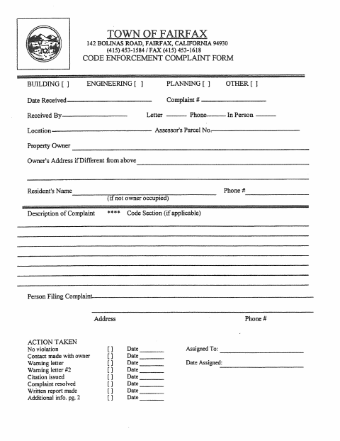 First page of the Code Enforcement Complaint Form