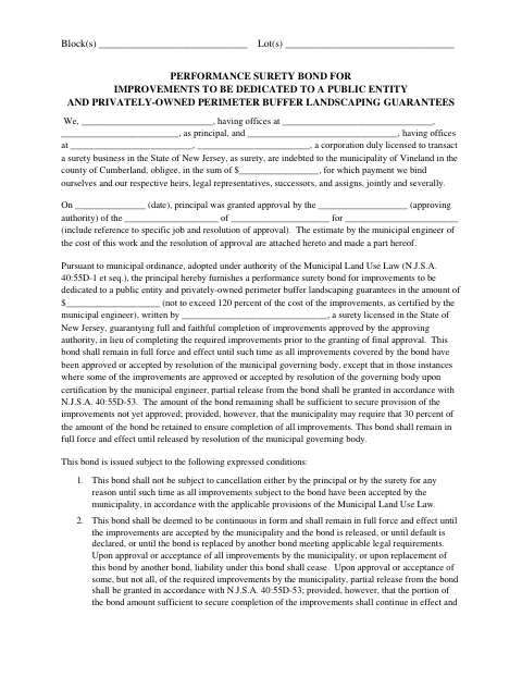 First page of the Performance Surety Bond for Public Improvements and Perimeter Buffer Landscaping