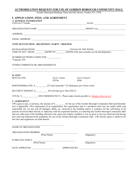 First page of the Community Hall Use Authorization Request