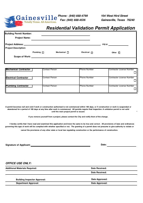 First page of the Residential Validation Permit Application