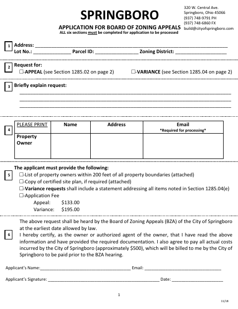 First page of the Board of Zoning Appeals Application