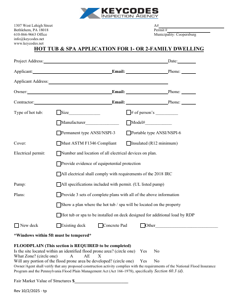 First page of the Hot Tub & Spa Application for 1- or 2-Family Dwelling