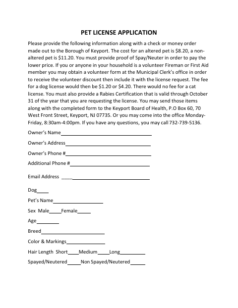 First page of the Pet License Application