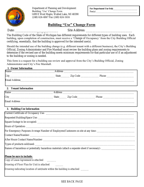 First page of the Building Use Change Form