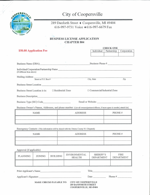 First page of the Business License Application