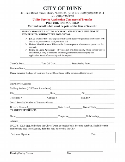 First page of the Commercial Utility Service Transfer Application