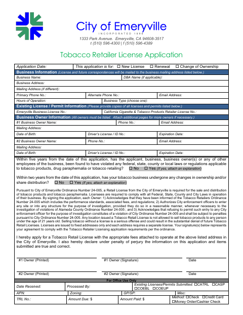 First page of the Tobacco Retailer License Application