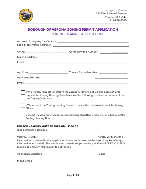 First page of the Zoning Hearing Application (Variance)