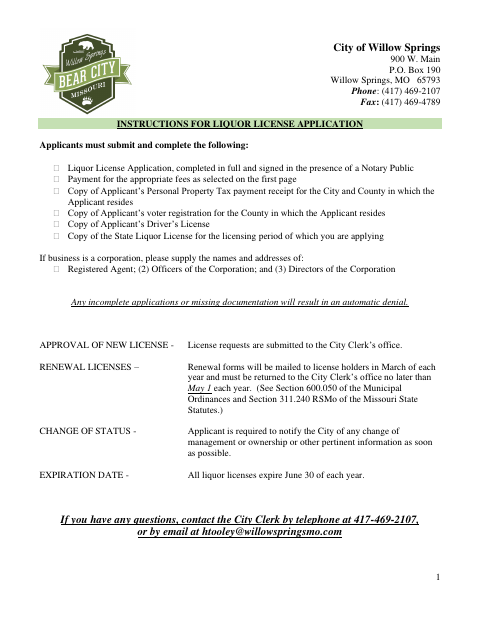 First page of the Liquor License Application
