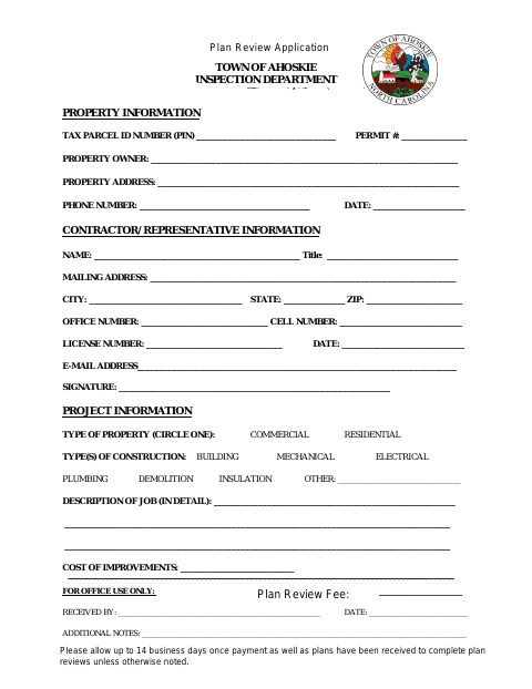 First page of the Plan Review/Permit Application
