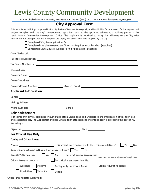 First page of the City Approval Form