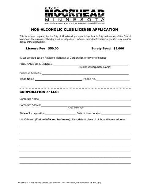 First page of the Non-Alcoholic Club License Application