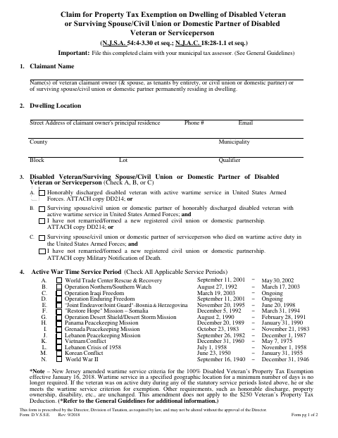 First page of the Claim for Property Tax Exemption on Dwelling of Disabled Veteran or Surviving Spouse