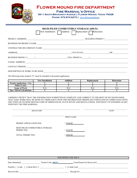 First page of the High-Piled Combustible Storage Permit Application