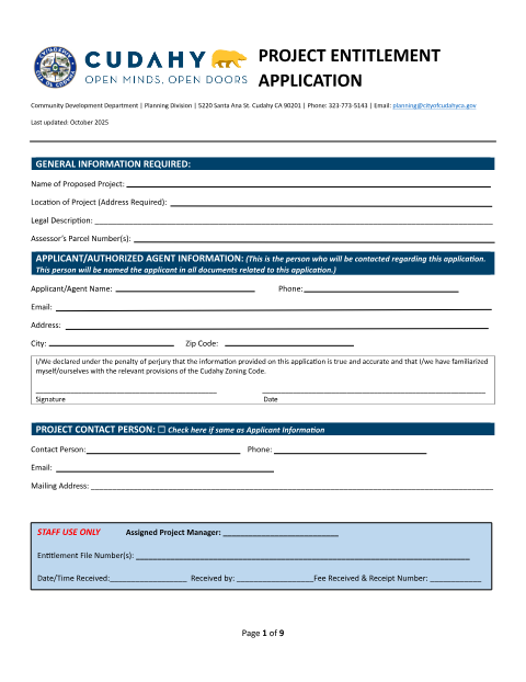First page of the Project Entitlement Application — Property Owner's Affidavit