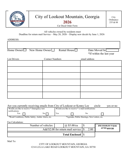 First page of the Car Decal Order Form