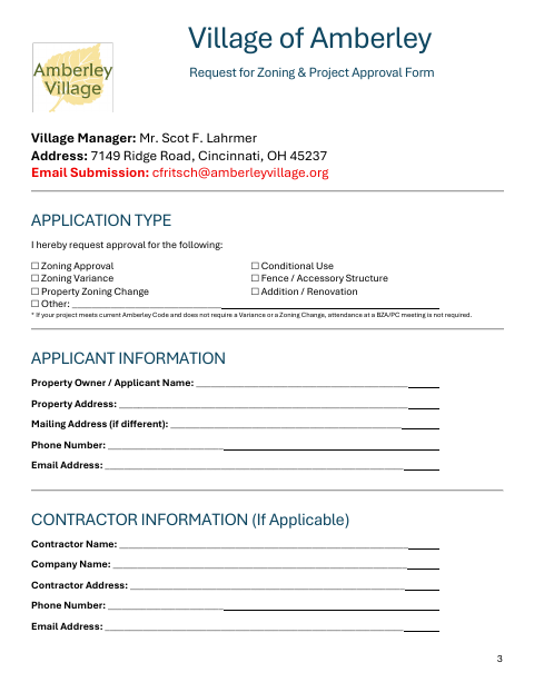 First page of the Request for Zoning & Project Approval Form