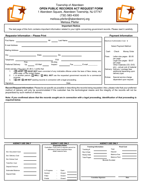 First page of the Open Public Records Act Request Form