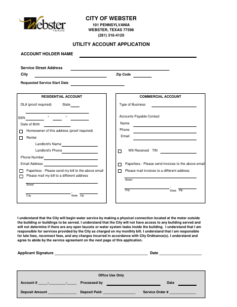 First page of the Utility Account Application