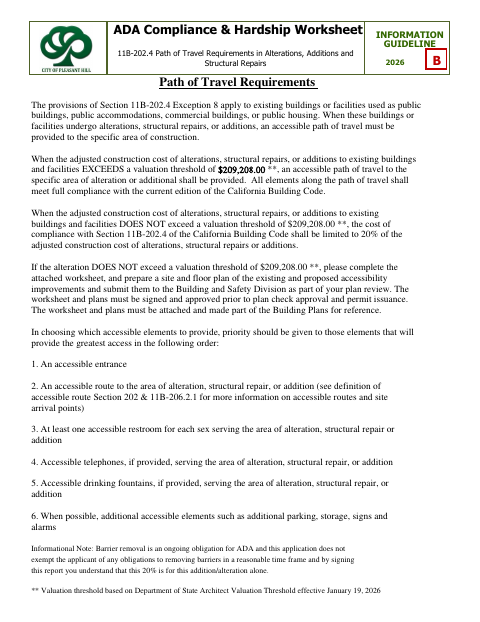 First page of the ADA Compliance & Hardship Worksheet 11B – Path of Travel
