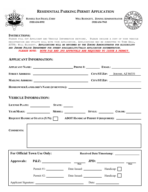 First page of the Residential Parking Permit Application