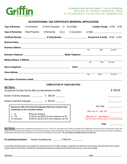 First page of the Occupational Tax Certificate Renewal Application
