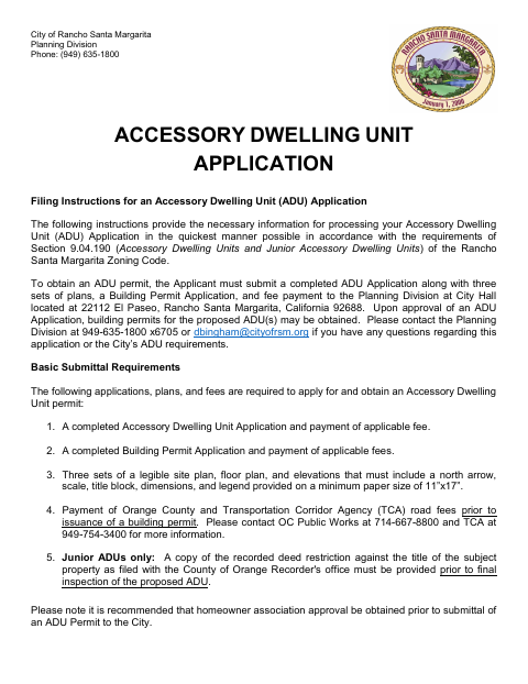 First page of the Accessory Dwelling Unit Application