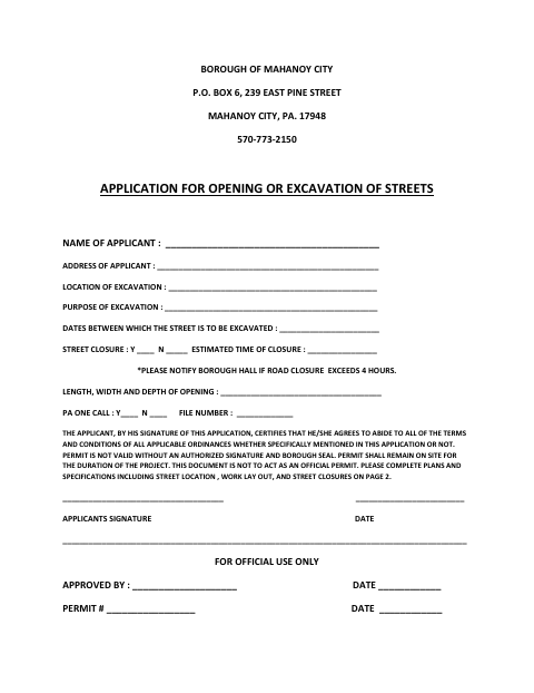 First page of the Application for Opening or Excavation of Streets