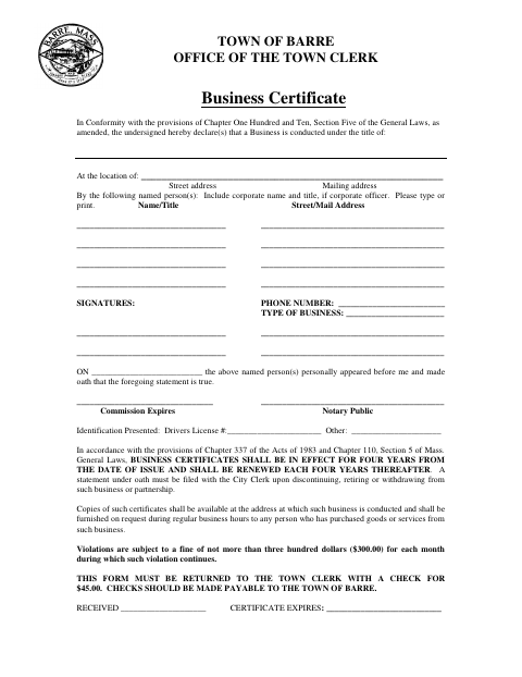 First page of the Business Certificate